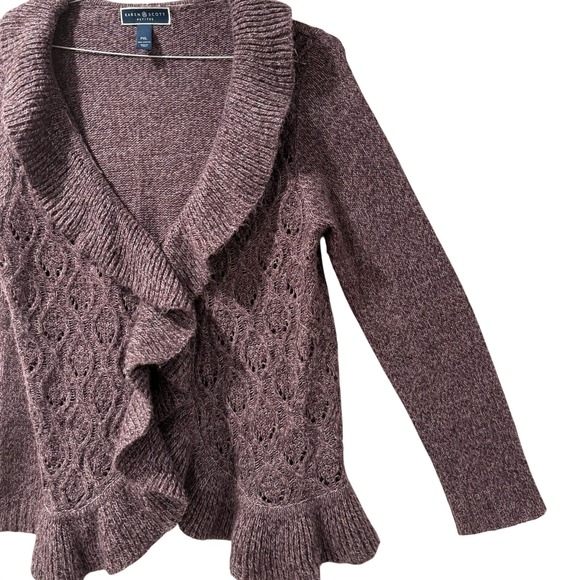 Karen Scott Womens Cardigan Purple Long Sleeve Open Knit Ruffle Size PL - Picture 3 of 8